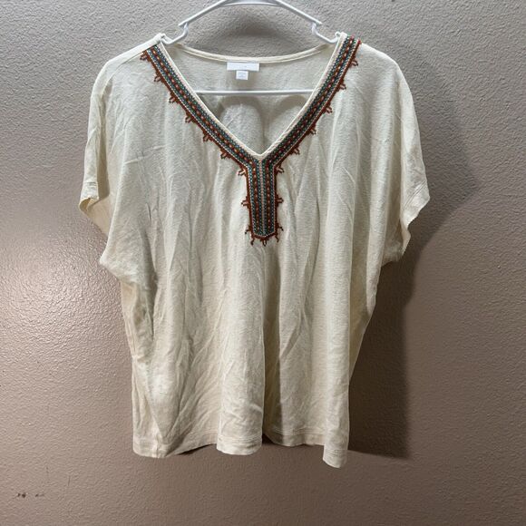J. Jill Womens Cream Linen Blend Southwest Embroidered Petite Small V Neck - Picture 1 of 4